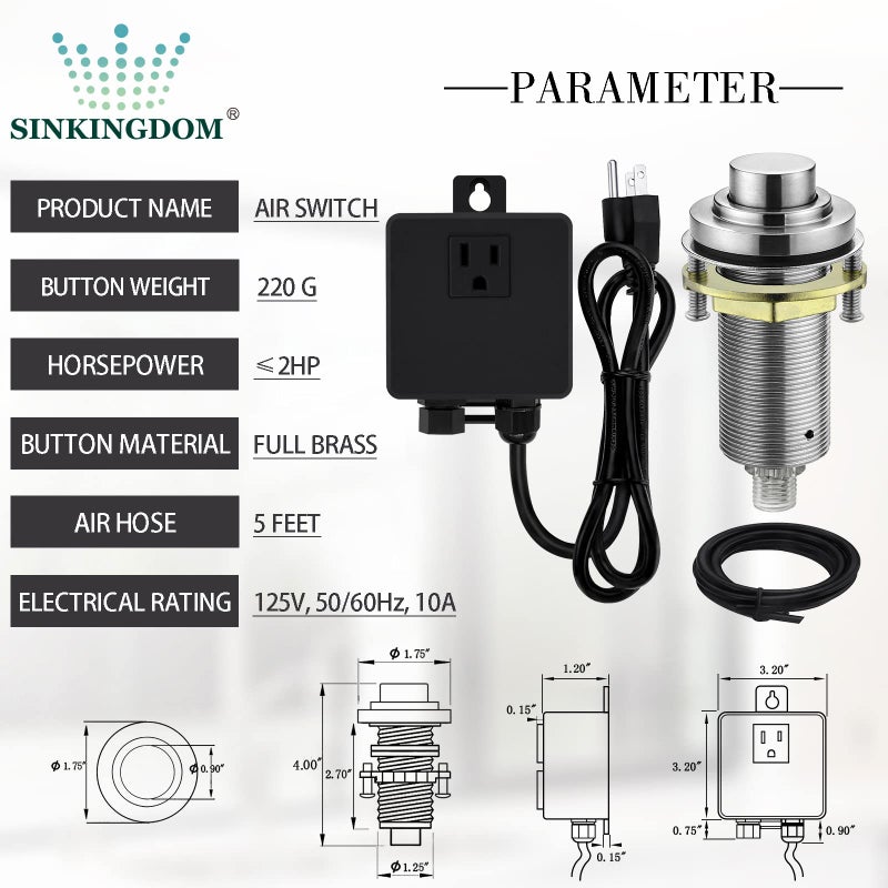 SINKINGDOM SinkTop Air Switch Kit with Brushed Nickel Long Button (Full Brass) for Garbage Disposal, Single Outlet - Image 2